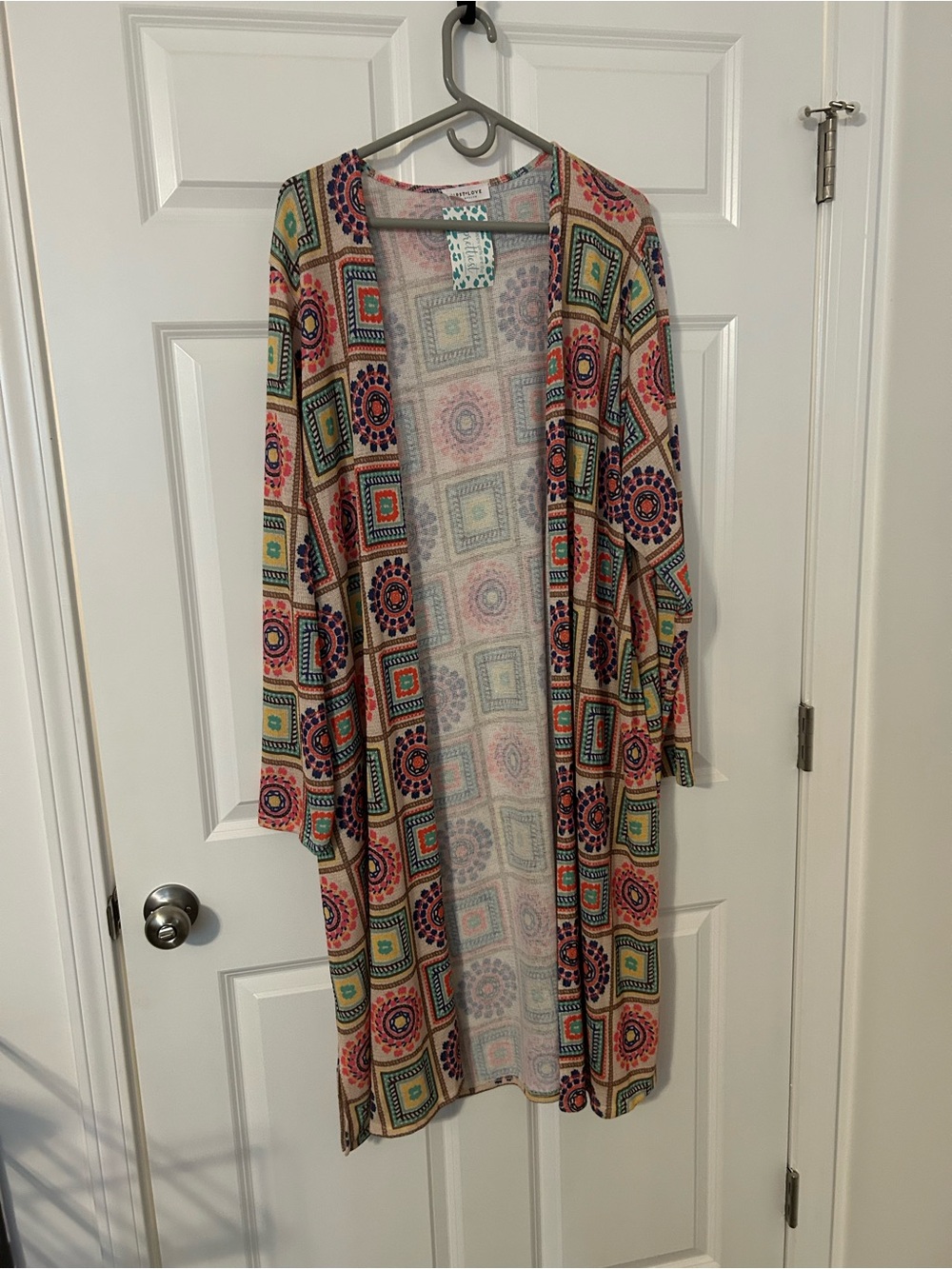 First Love Multicolor Geometric Print Open Front Cardigan.  NWT